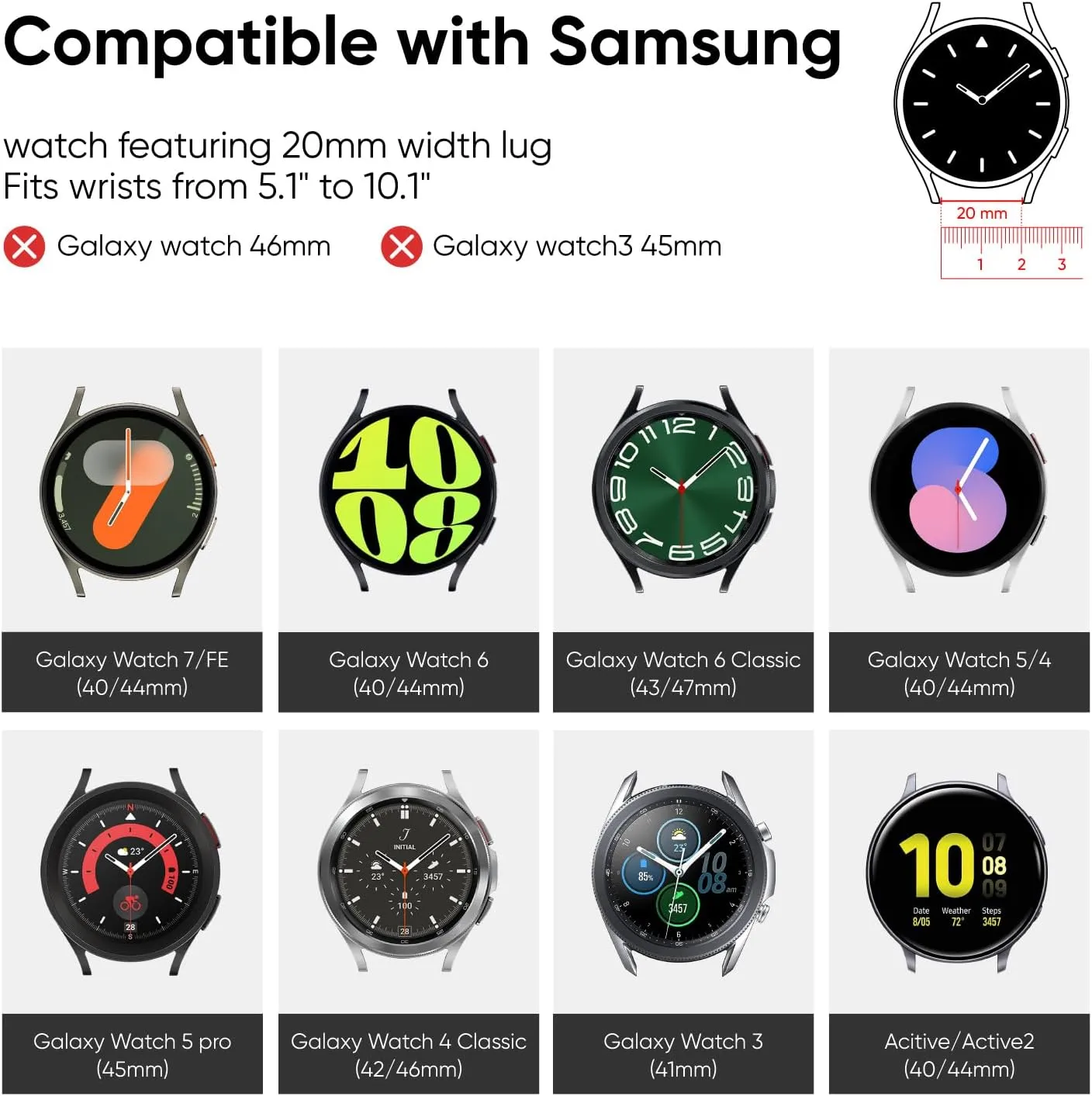 20mm Watch Bands Compatible with Samsung Galaxy Watch 7 FE 6 5 4 40mm 44mm, Galaxy Watch 6 4 Classic, Galaxy Watch 5Pro, Galaxy Watch 3 41mm, Galaxy Active2, 3Pack Stretchy Watch Straps for Women and Men