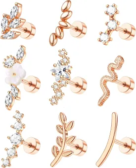 9Pcs Flat Back Cartilage Earrings for Women Trendy 16G Tragus Conch Helix Piercing Jewelry Stainless Steel Snake Star CZ Flat Back Stud Earrings Set