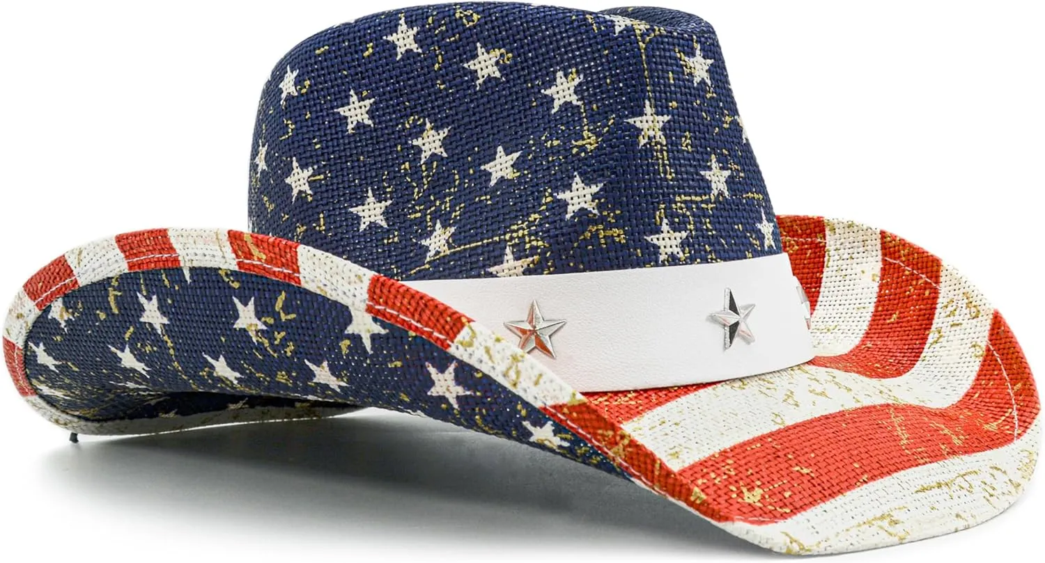 American Flag Cowboy Cowgirl Hat Patriotic USA Western Hat 4th of July Party Parade Rodeo Cowgirl Outfit for Women, Blue Gold Shine