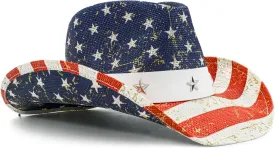 American Flag Cowboy Cowgirl Hat Patriotic USA Western Hat 4th of July Party Parade Rodeo Cowgirl Outfit for Women, Blue Gold Shine