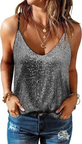 ANRABESS Womens Sequin Tank Tops Sparkle Glitter Shirts Sexy Party Shimmer Camisole Sleeveless V Neck Summer Going Out Vest