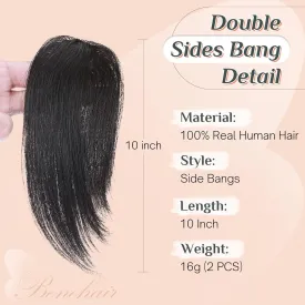 Benehair Side Bangs Clip in Bangs 100% Real Human Hair Curtain Bangs 10 inch Natural Black Remy French Bang Soft Thick Hair 15g with Invisible Clips for Women #1B