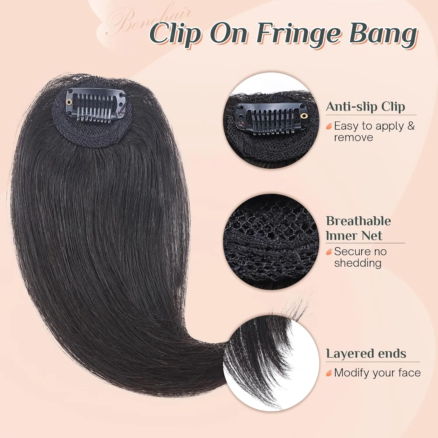 Benehair Side Bangs Clip in Bangs 100% Real Human Hair Curtain Bangs 10 inch Natural Black Remy French Bang Soft Thick Hair 15g with Invisible Clips for Women #1B