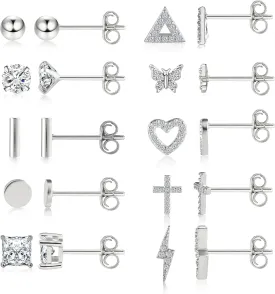 BOUTIQUELOVIN 14K Gold Stud Earrings Set for Women, for Multiple Piercing 925 Silver Plated Studs Earrings and Zirconia Earring Set Small Huggie Hoop Chain Earing