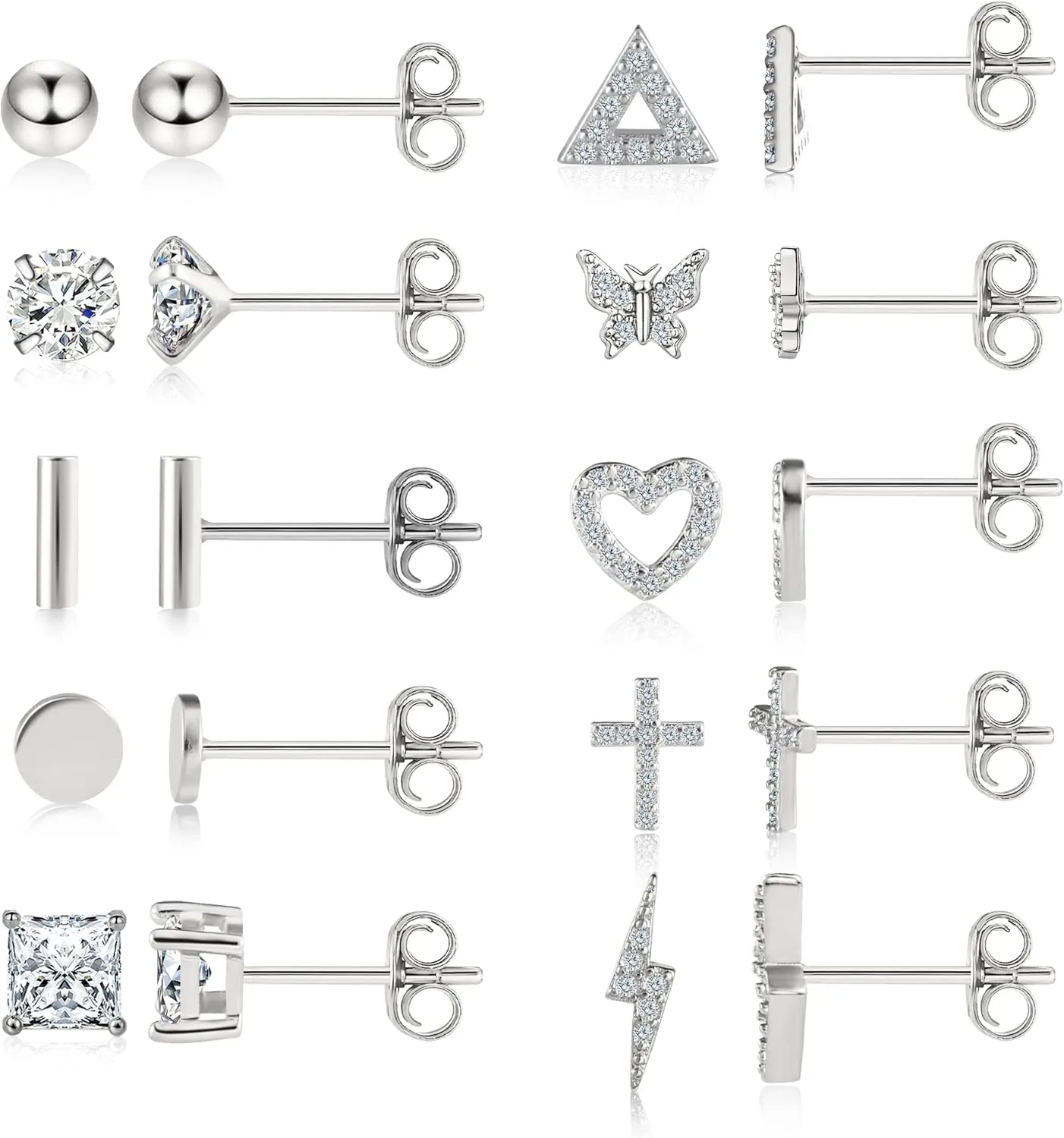 BOUTIQUELOVIN 14K Gold Stud Earrings Set for Women, for Multiple Piercing 925 Silver Plated Studs Earrings and Zirconia Earring Set Small Huggie Hoop Chain Earing