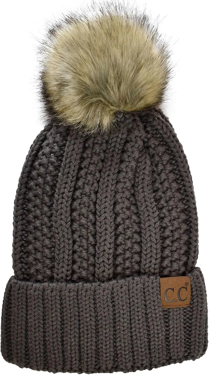 C.C Thick Cable Knit Faux Fuzzy Fur Pom Fleece Lined Skull Cap Cuff Beanie