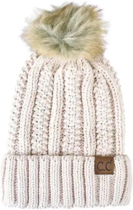 C.C Thick Cable Knit Faux Fuzzy Fur Pom Fleece Lined Skull Cap Cuff Beanie