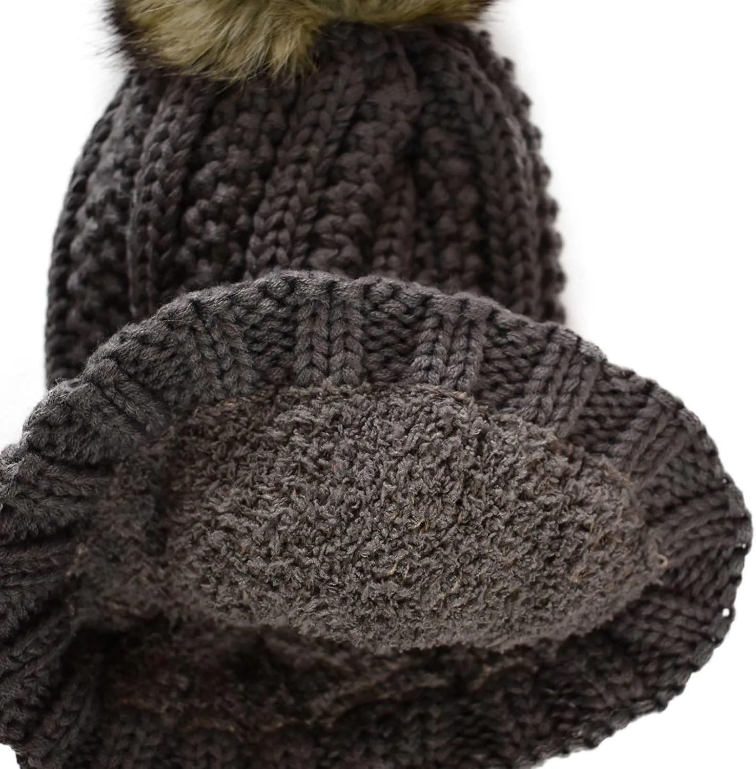 C.C Thick Cable Knit Faux Fuzzy Fur Pom Fleece Lined Skull Cap Cuff Beanie