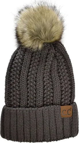 C.C Thick Cable Knit Faux Fuzzy Fur Pom Fleece Lined Skull Cap Cuff Beanie