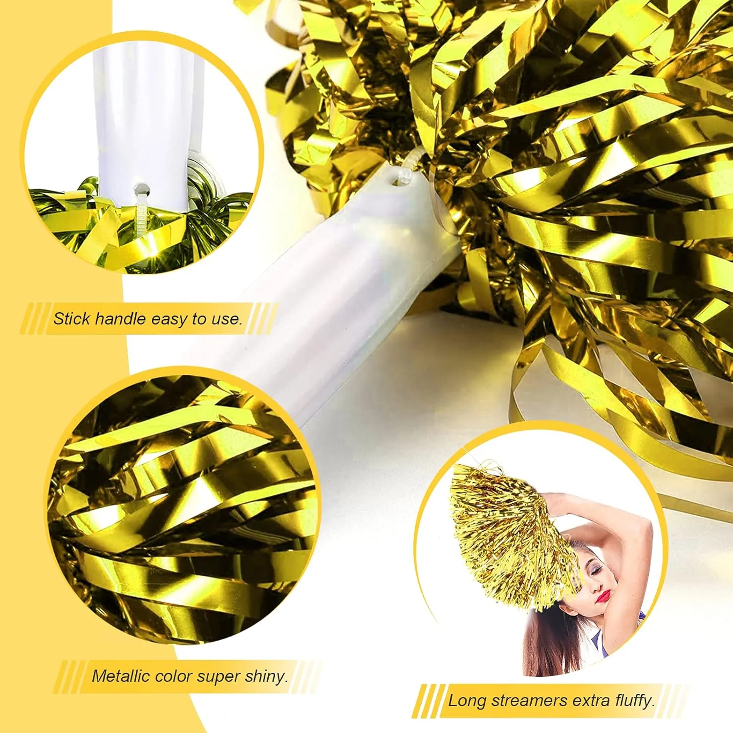 DILIBRA 24 Pcs Metallic Cheerleading Pom Poms for Kids, Cheerleaders Cheer Pom Poms with Baton Handle, Cheering Squad Hand Flower for Adults Team Spirit Sports Game Dancing Party