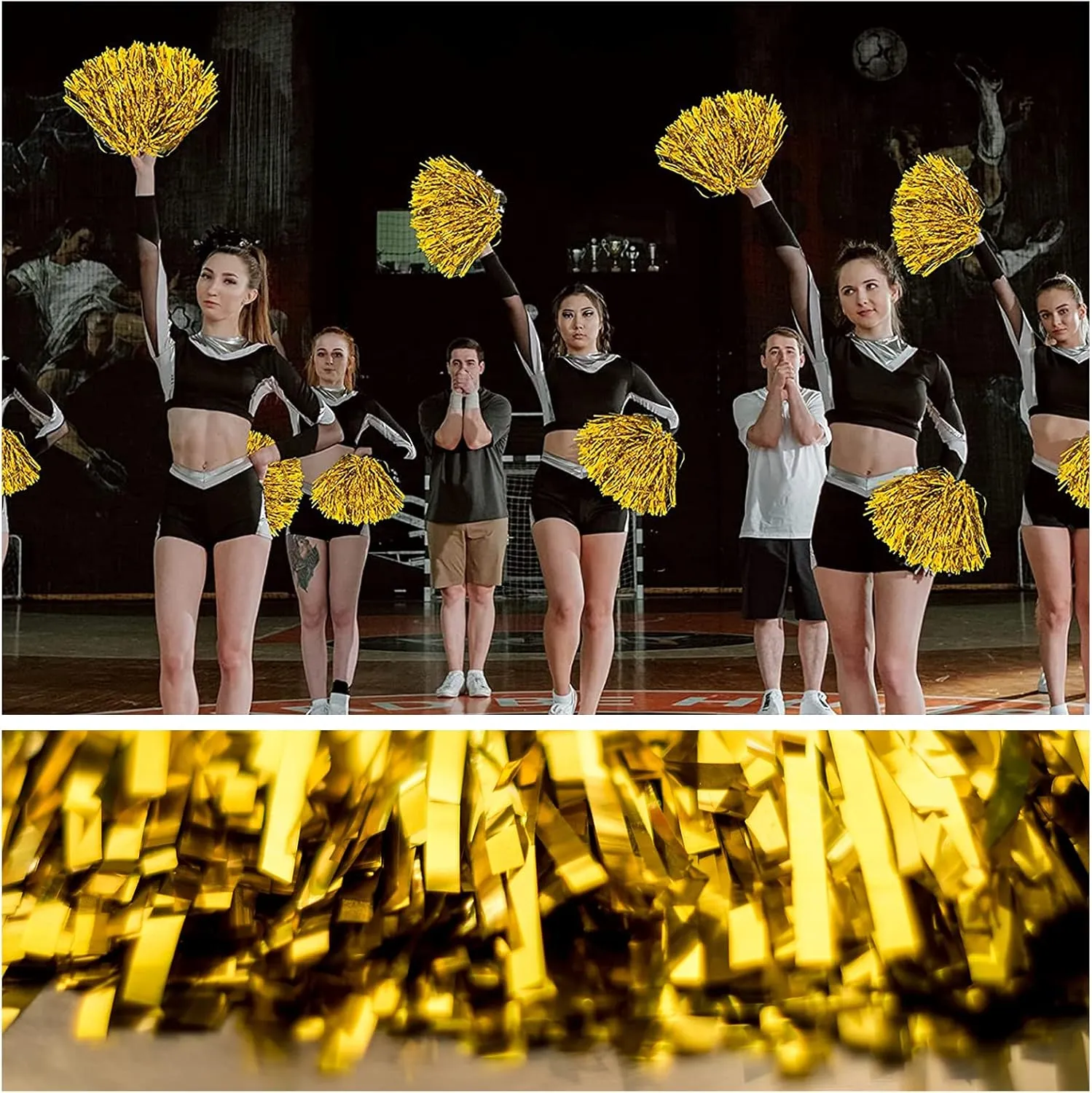 DILIBRA 24 Pcs Metallic Cheerleading Pom Poms for Kids, Cheerleaders Cheer Pom Poms with Baton Handle, Cheering Squad Hand Flower for Adults Team Spirit Sports Game Dancing Party