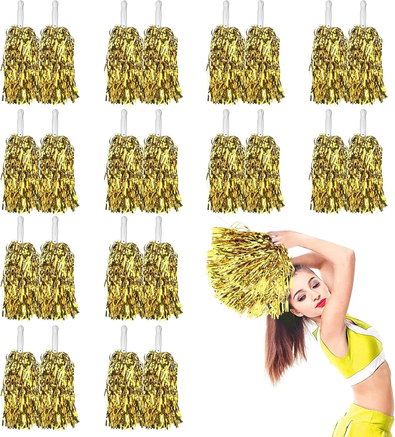 DILIBRA 24 Pcs Metallic Cheerleading Pom Poms for Kids, Cheerleaders Cheer Pom Poms with Baton Handle, Cheering Squad Hand Flower for Adults Team Spirit Sports Game Dancing Party