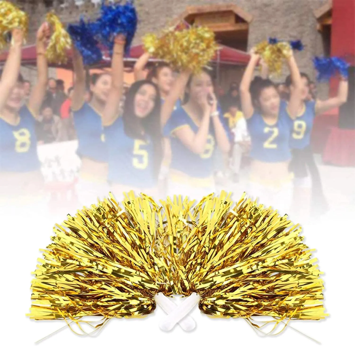 DILIBRA 24 Pcs Metallic Cheerleading Pom Poms for Kids, Cheerleaders Cheer Pom Poms with Baton Handle, Cheering Squad Hand Flower for Adults Team Spirit Sports Game Dancing Party