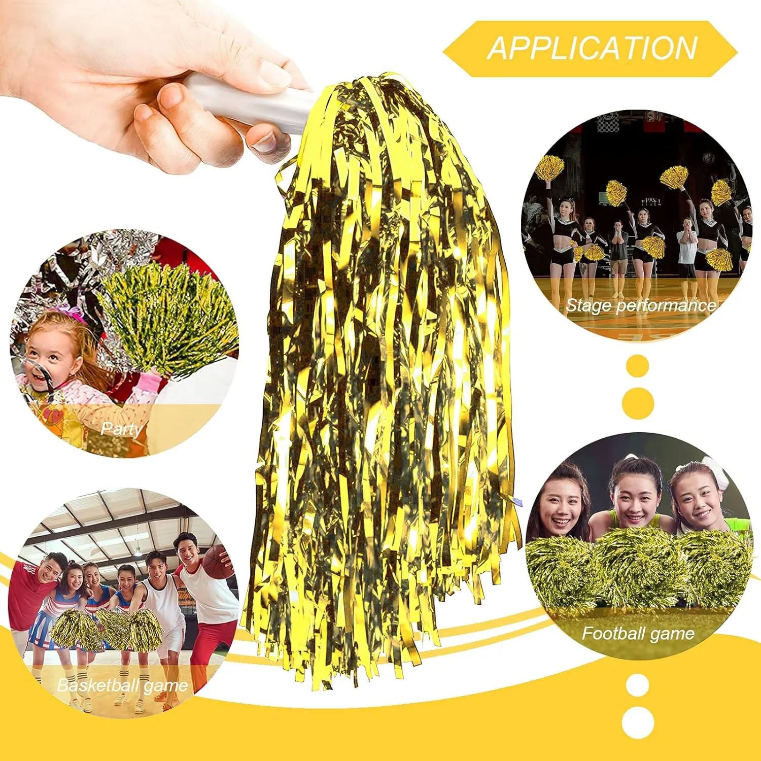 DILIBRA 24 Pcs Metallic Cheerleading Pom Poms for Kids, Cheerleaders Cheer Pom Poms with Baton Handle, Cheering Squad Hand Flower for Adults Team Spirit Sports Game Dancing Party