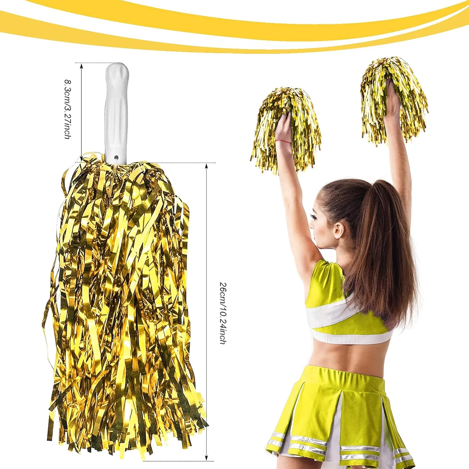 DILIBRA 24 Pcs Metallic Cheerleading Pom Poms for Kids, Cheerleaders Cheer Pom Poms with Baton Handle, Cheering Squad Hand Flower for Adults Team Spirit Sports Game Dancing Party