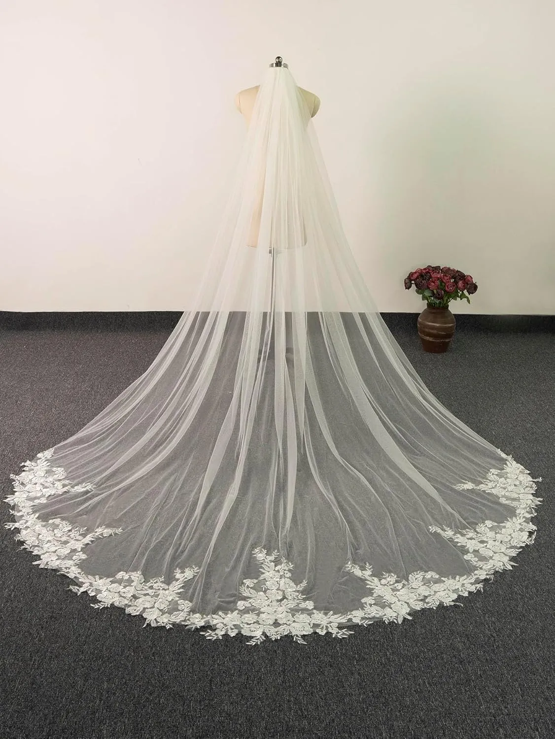 EllieWely Long Cathedral Length Lace Bridal Wedding Veil With Metal Comb