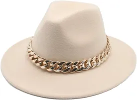 Fedora Hats Women Men Wide Brim Thick Gold Chain Band Felted Hat Jazz Cap Panama Hat Beige 60-62cm(XL), X-Large