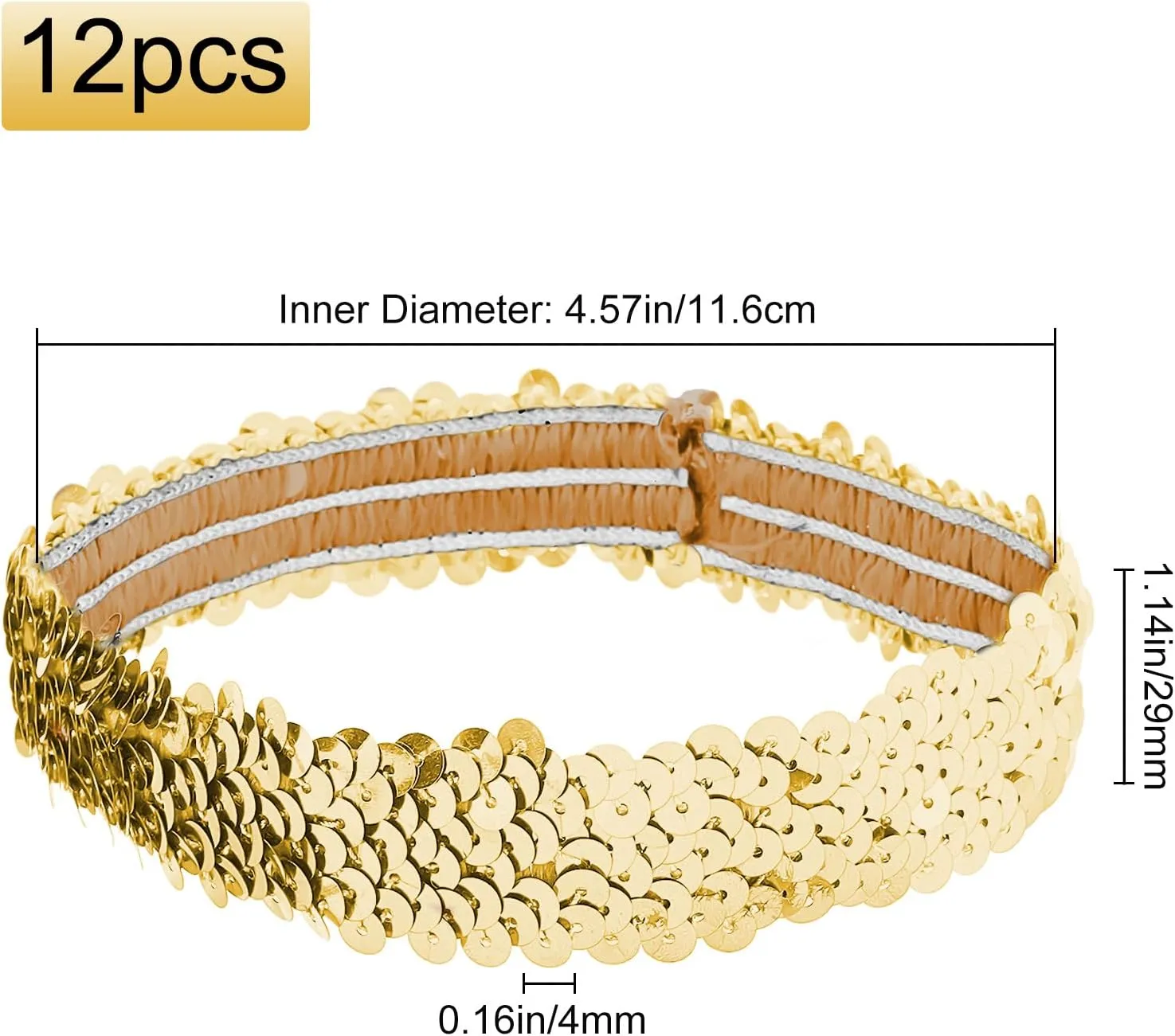 GORGECRAFT 12PCS Sequin Headband Elastic Glow Stretch Sparkle Glitter Fashion Adjustable Hair Band Accessories Pack Set for Girls Women Teens Sports Dance Party Teams Crafts(Gold)