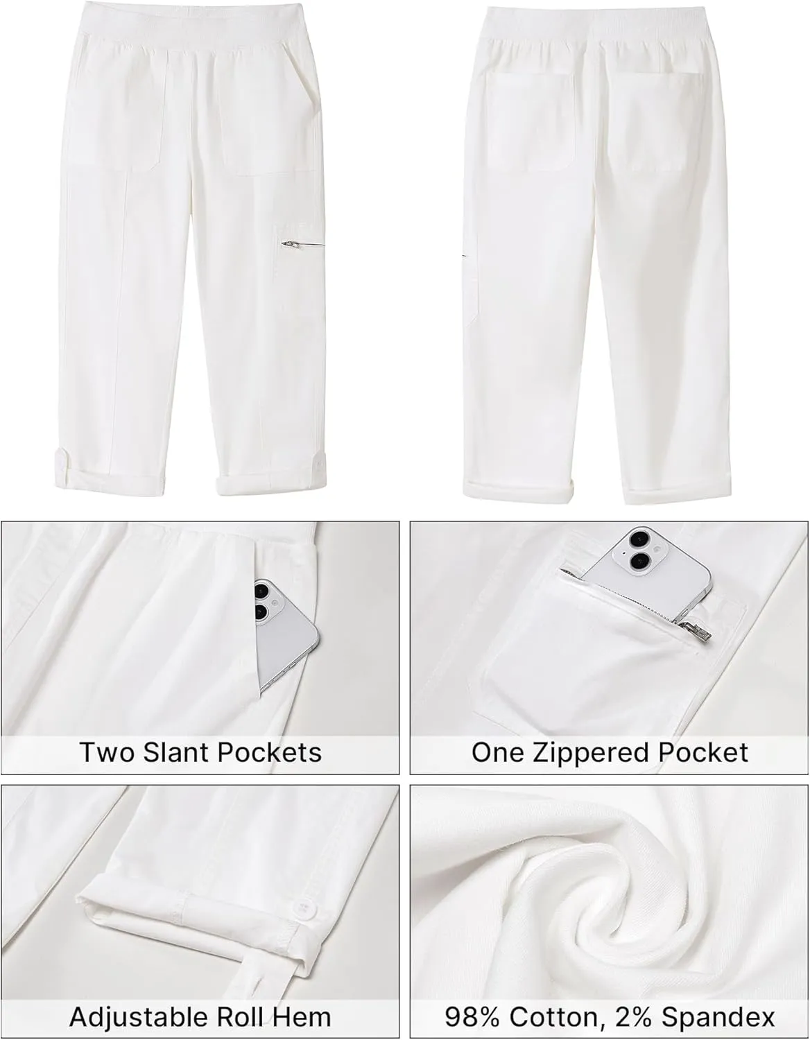 GRAPENT Capri Cargo Pants for Women High Waisted Pull On Elastic Waist Stretch Twill Fold Hem Capris Pants with Pockets