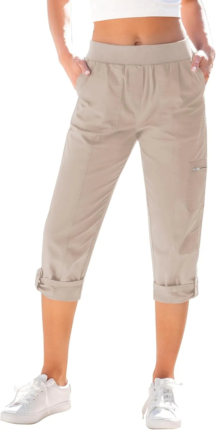 GRAPENT Capri Cargo Pants for Women High Waisted Pull On Elastic Waist Stretch Twill Fold Hem Capris Pants with Pockets