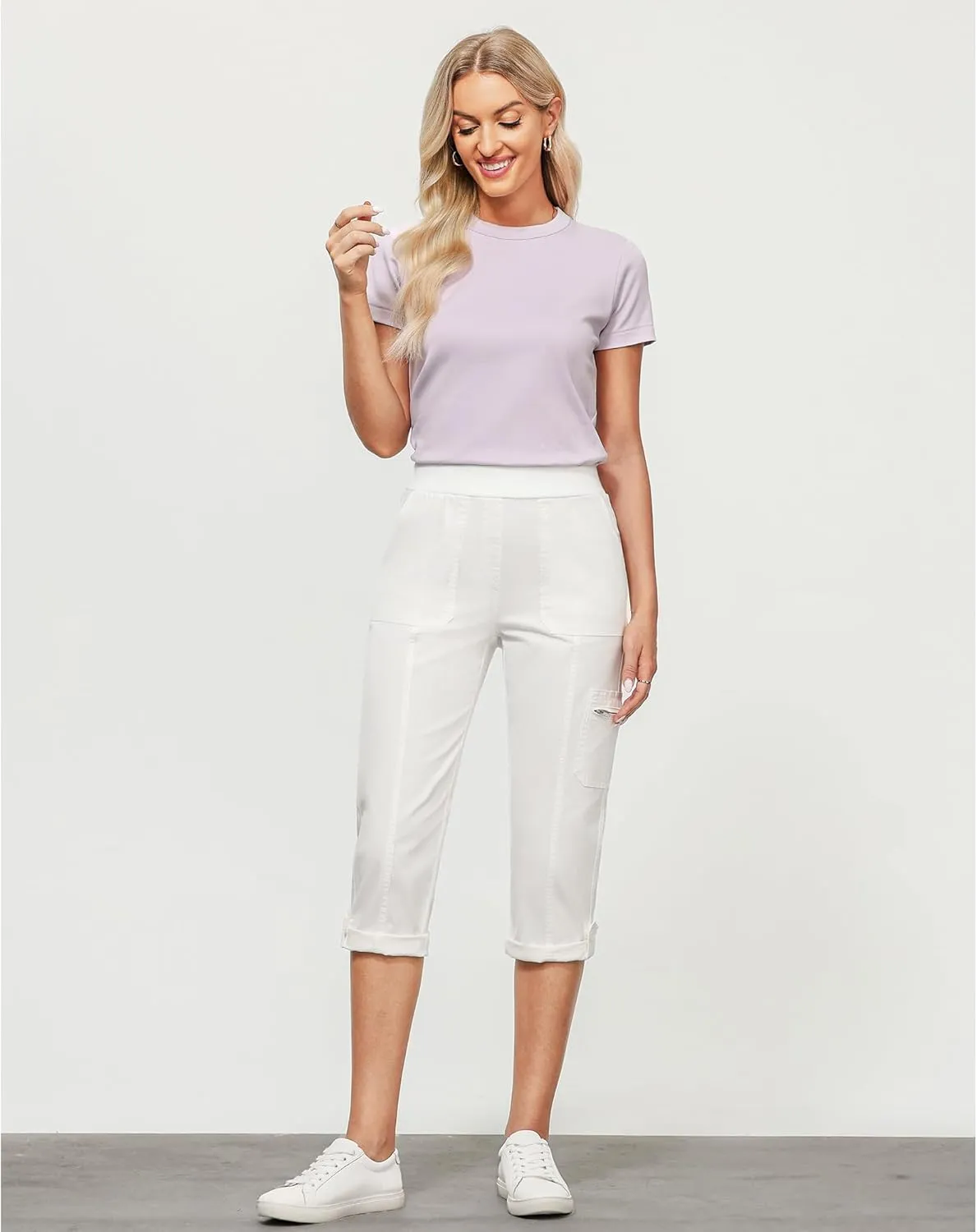GRAPENT Capri Cargo Pants for Women High Waisted Pull On Elastic Waist Stretch Twill Fold Hem Capris Pants with Pockets