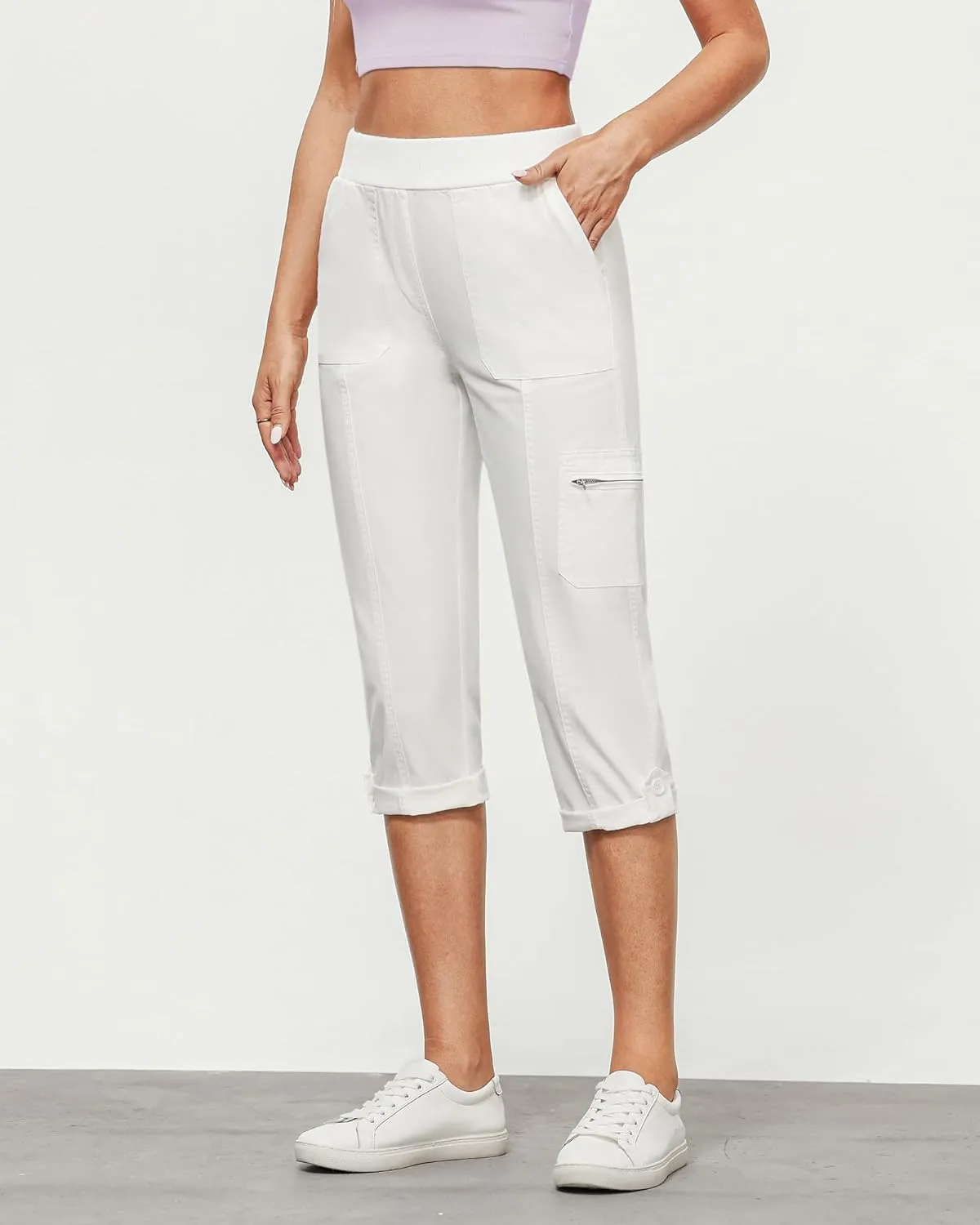 GRAPENT Capri Cargo Pants for Women High Waisted Pull On Elastic Waist Stretch Twill Fold Hem Capris Pants with Pockets