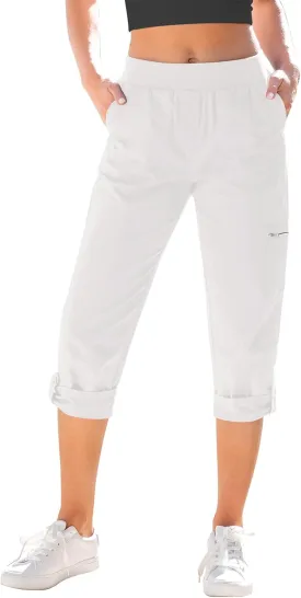 GRAPENT Capri Cargo Pants for Women High Waisted Pull On Elastic Waist Stretch Twill Fold Hem Capris Pants with Pockets