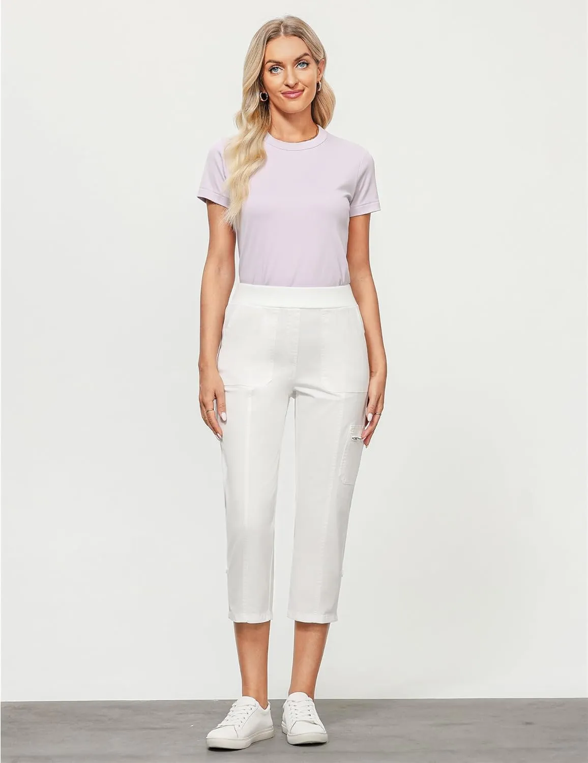 GRAPENT Capri Cargo Pants for Women High Waisted Pull On Elastic Waist Stretch Twill Fold Hem Capris Pants with Pockets