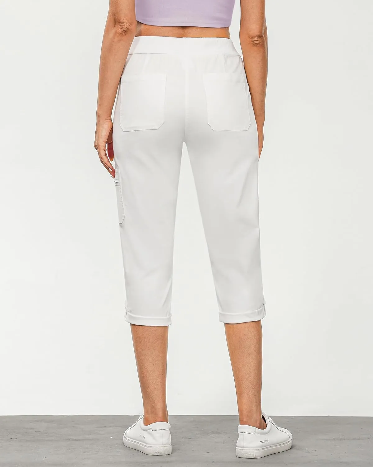 GRAPENT Capri Cargo Pants for Women High Waisted Pull On Elastic Waist Stretch Twill Fold Hem Capris Pants with Pockets