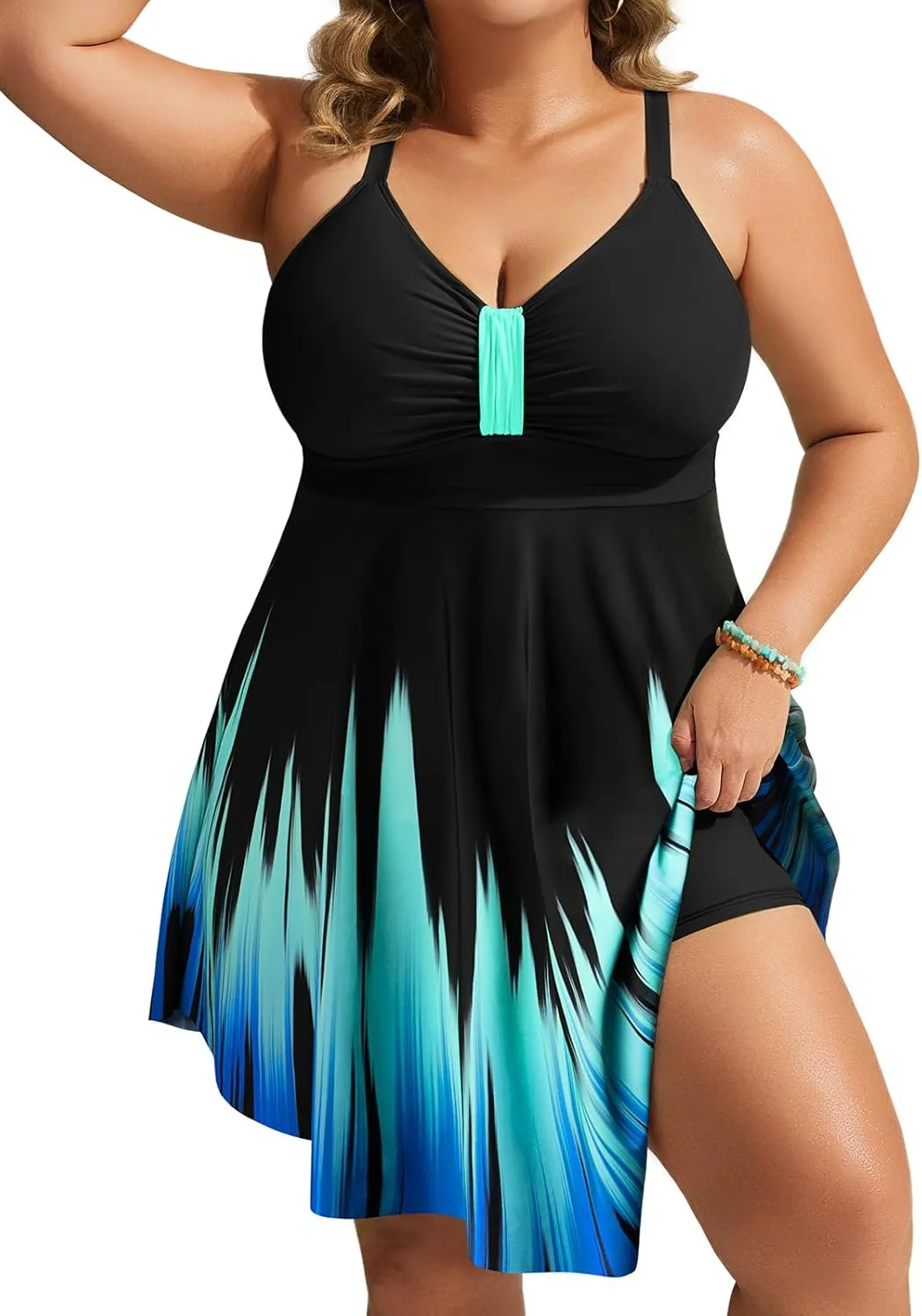 Hanna Nikole Womens Plus Size Swim Dress Swimsuit One Piece Tummy Control Bathing Suit Flowy Body Shaping Swimwear