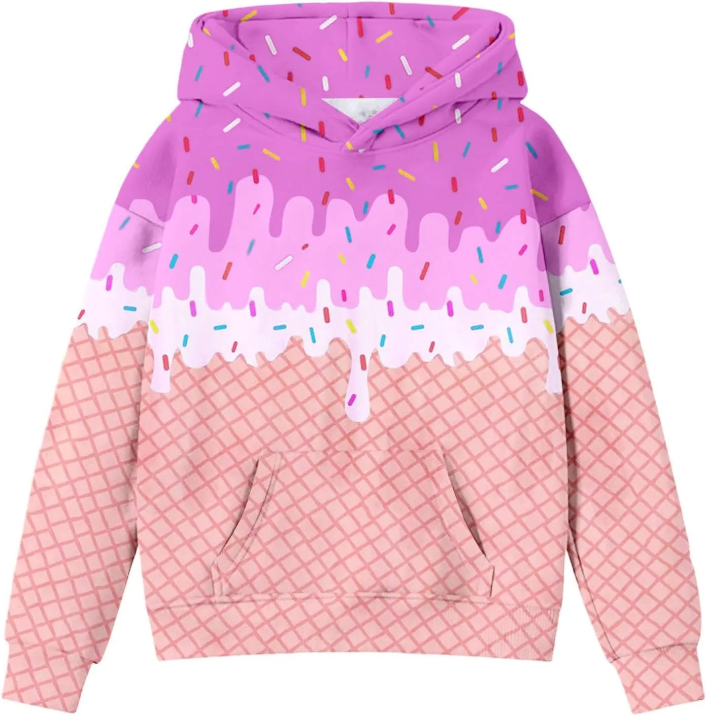 Ice Cream Hoodies for Teen Girls Cute Preppy Ice Cream Drip Sweatshirts Pocket Oversized Long Sleeve Pullover Tops 2-12 Years