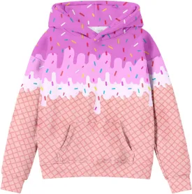 Ice Cream Hoodies for Teen Girls Cute Preppy Ice Cream Drip Sweatshirts Pocket Oversized Long Sleeve Pullover Tops 2-12 Years