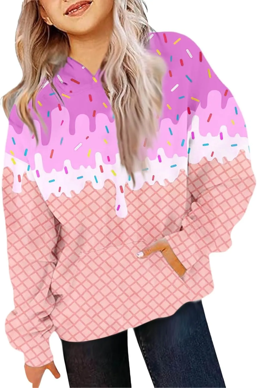 Ice Cream Hoodies for Teen Girls Cute Preppy Ice Cream Drip Sweatshirts Pocket Oversized Long Sleeve Pullover Tops 2-12 Years