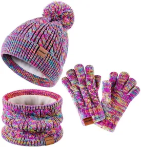 Kids Winter Hat Gloves Scarf Set,Girls Toddler Children Hats Beanie with Pom Knit Neck Warmer Gaiter Mittens Fleece Lined Set