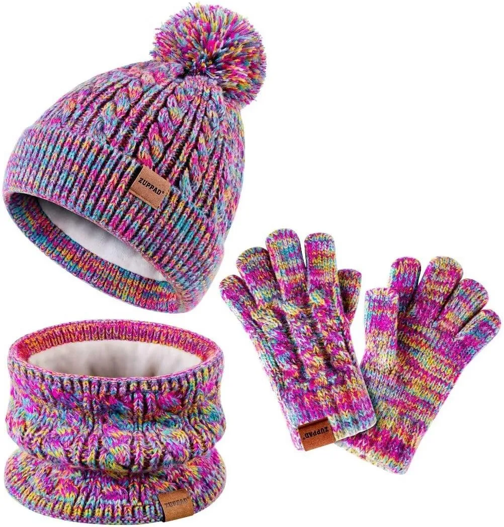 Kids Winter Hat Gloves Scarf Set,Girls Toddler Children Hats Beanie with Pom Knit Neck Warmer Gaiter Mittens Fleece Lined Set