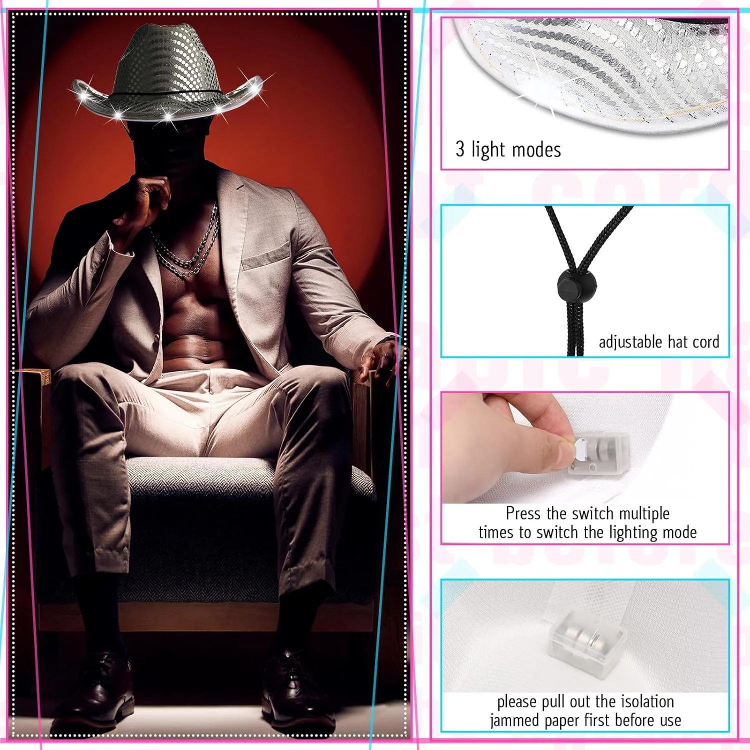 LED Lights Cowboy Cowgirl Hat Flashing LED Lights Cowgirl Hat for Wedding Western Bachelorette Party