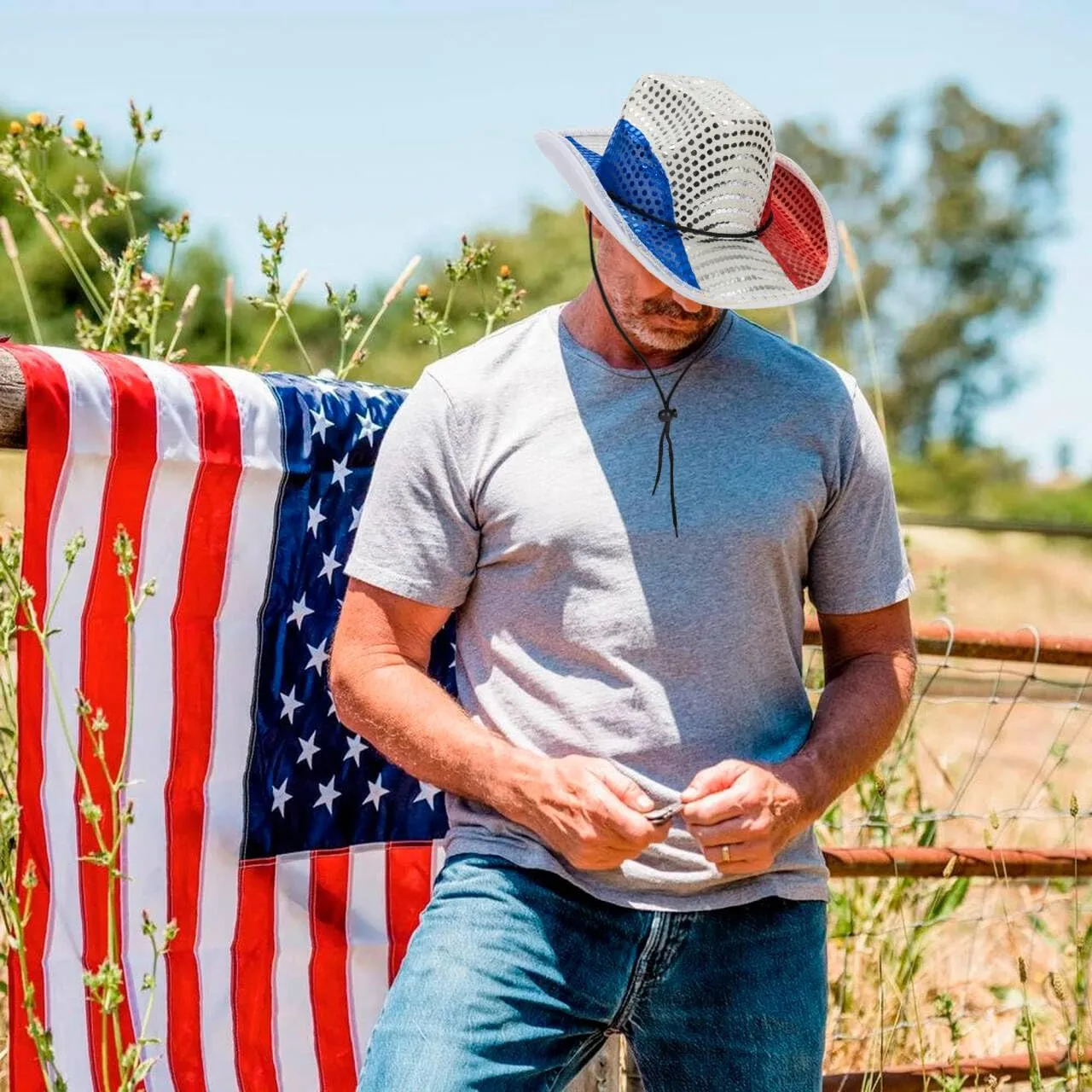 Light Up Western-Cowboy-Hat for Womens/Mens - 4th of July Sequin Cowgirl Hat for Independence Day Party