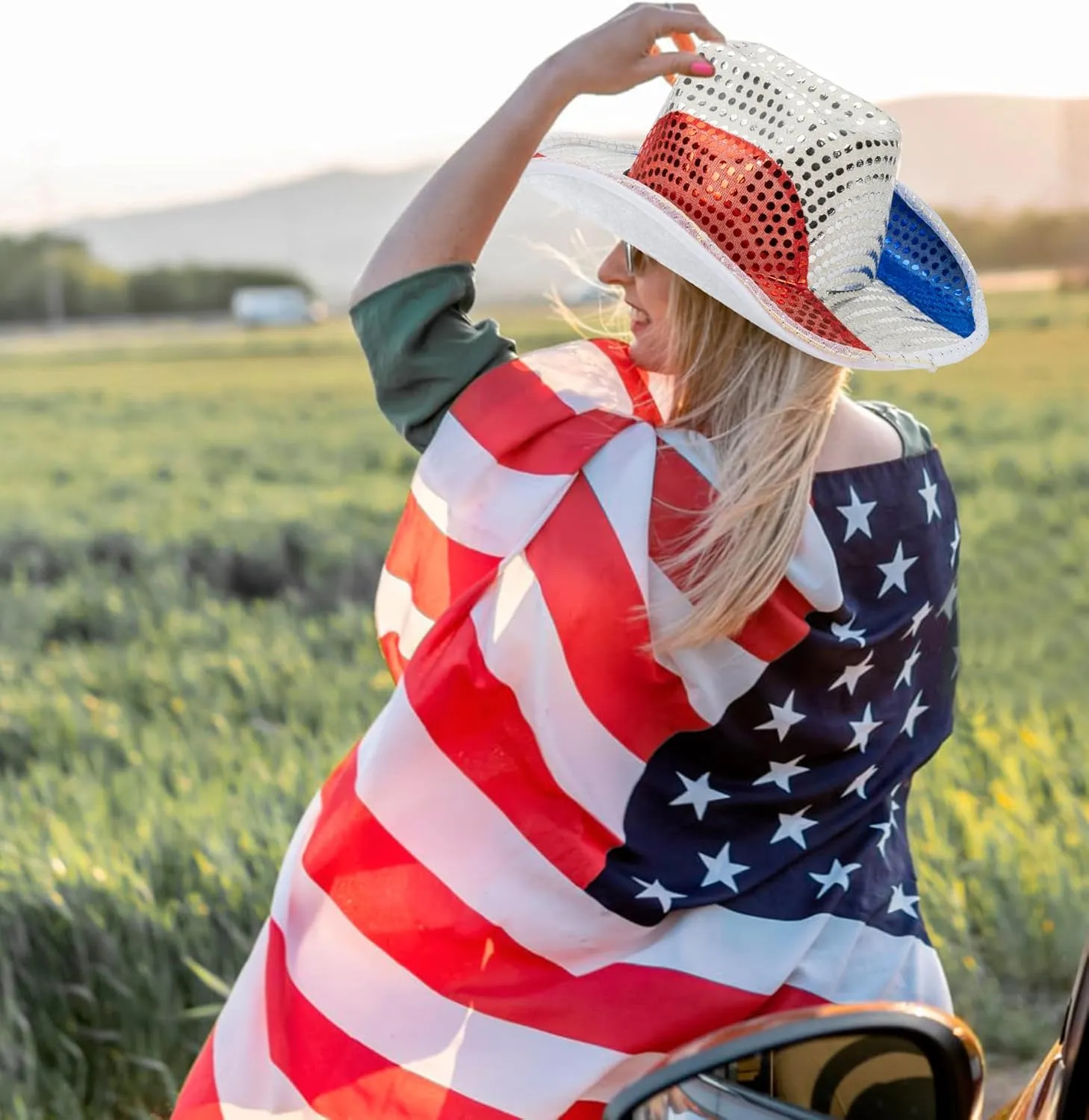 Light Up Western-Cowboy-Hat for Womens/Mens - 4th of July Sequin Cowgirl Hat for Independence Day Party