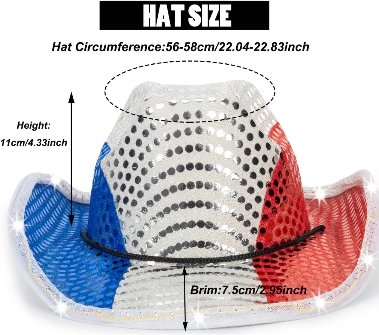 Light Up Western-Cowboy-Hat for Womens/Mens - 4th of July Sequin Cowgirl Hat for Independence Day Party
