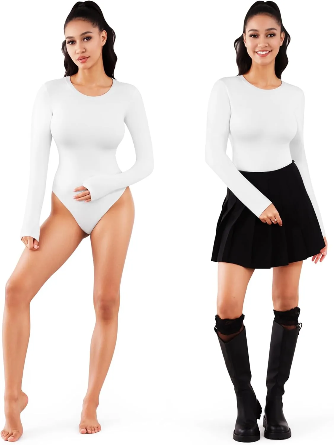 MANGOPOP Women's Crew Neck Short Sleeve Bodysuit Long Sleeve T Shirts Basic Tops