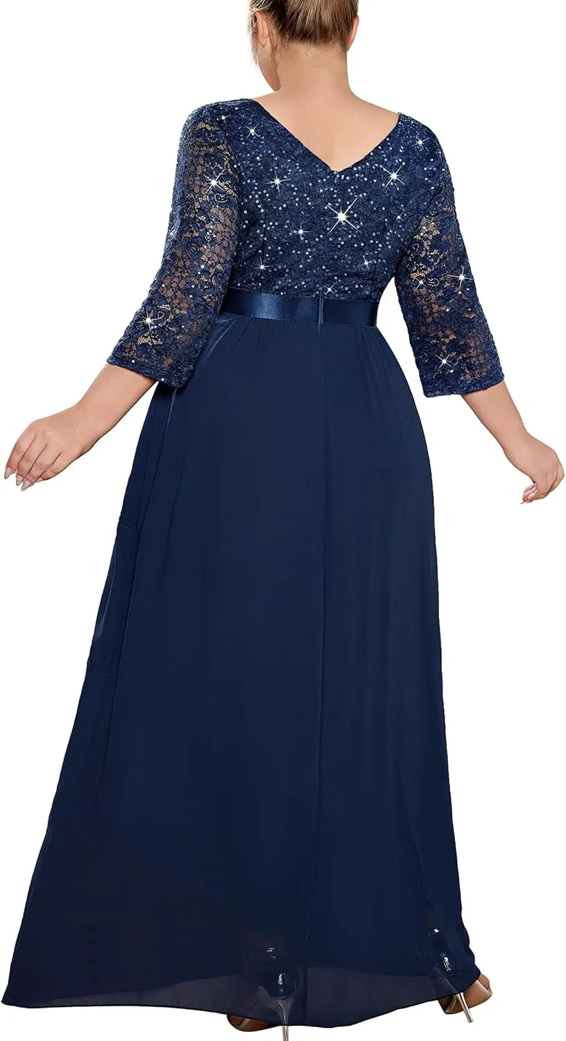 MISSMAY Women's Plus Size Sequins Lace Ruffle Tiered Layered Chiffon Formal Maxi Dress
