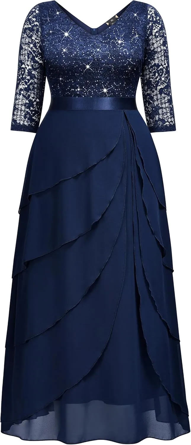 MISSMAY Women's Plus Size Sequins Lace Ruffle Tiered Layered Chiffon Formal Maxi Dress