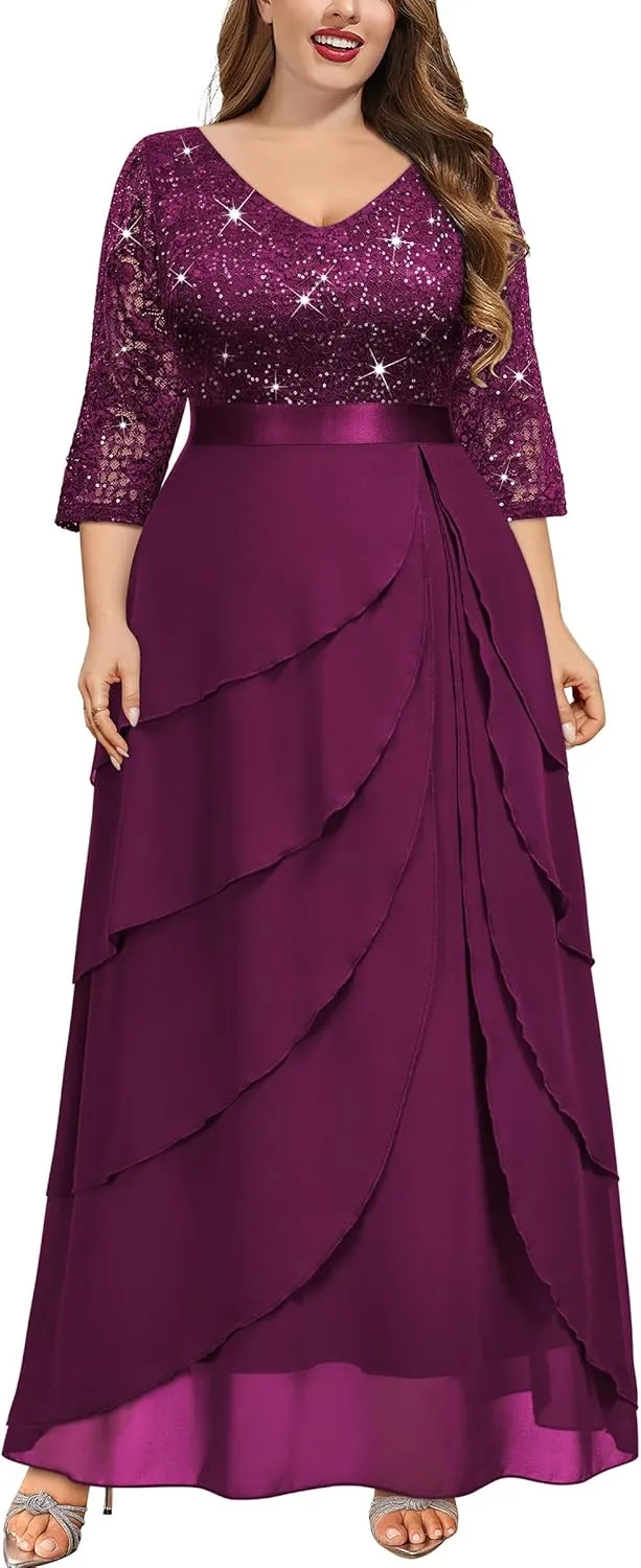 MISSMAY Women's Plus Size Sequins Lace Ruffle Tiered Layered Chiffon Formal Maxi Dress