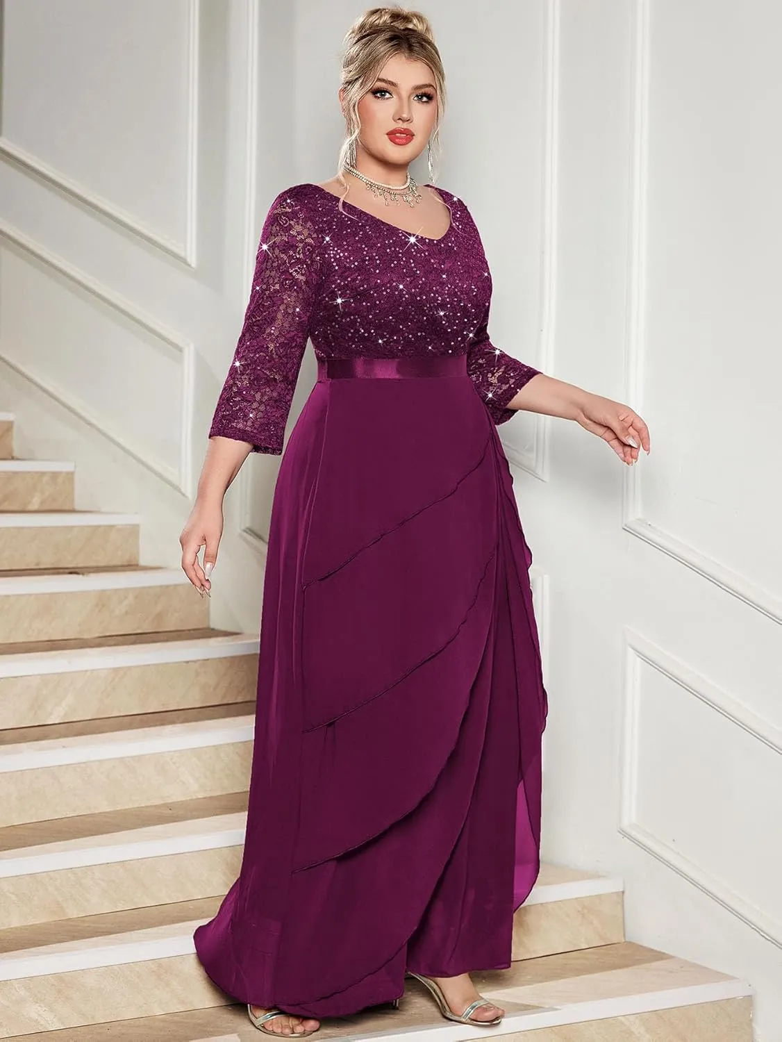 MISSMAY Women's Plus Size Sequins Lace Ruffle Tiered Layered Chiffon Formal Maxi Dress