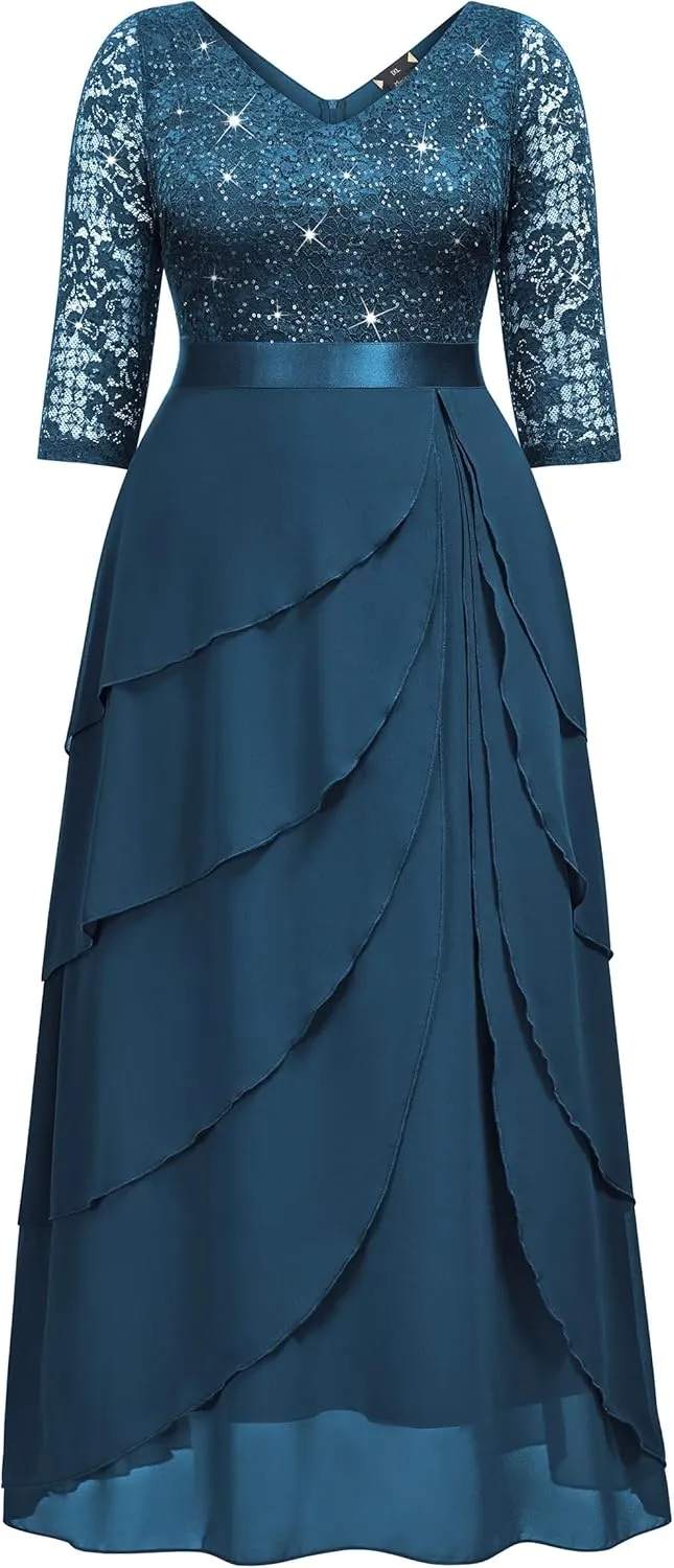 MISSMAY Women's Plus Size Sequins Lace Ruffle Tiered Layered Chiffon Formal Maxi Dress