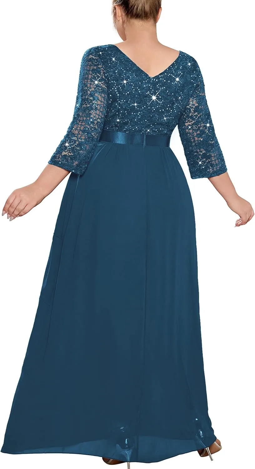 MISSMAY Women's Plus Size Sequins Lace Ruffle Tiered Layered Chiffon Formal Maxi Dress