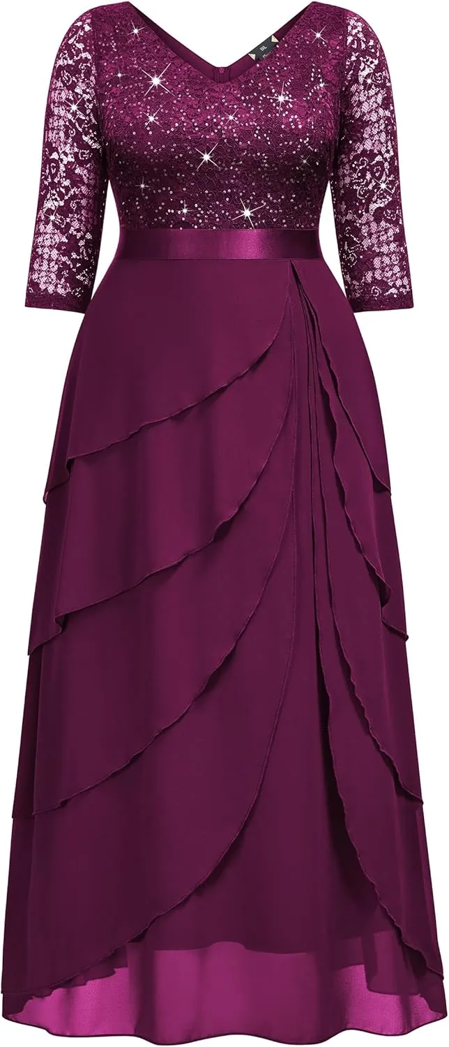 MISSMAY Women's Plus Size Sequins Lace Ruffle Tiered Layered Chiffon Formal Maxi Dress