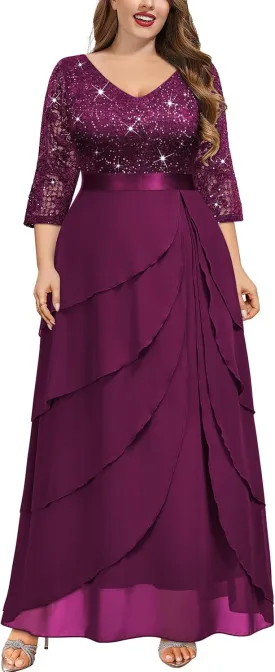 MISSMAY Women's Plus Size Sequins Lace Ruffle Tiered Layered Chiffon Formal Maxi Dress