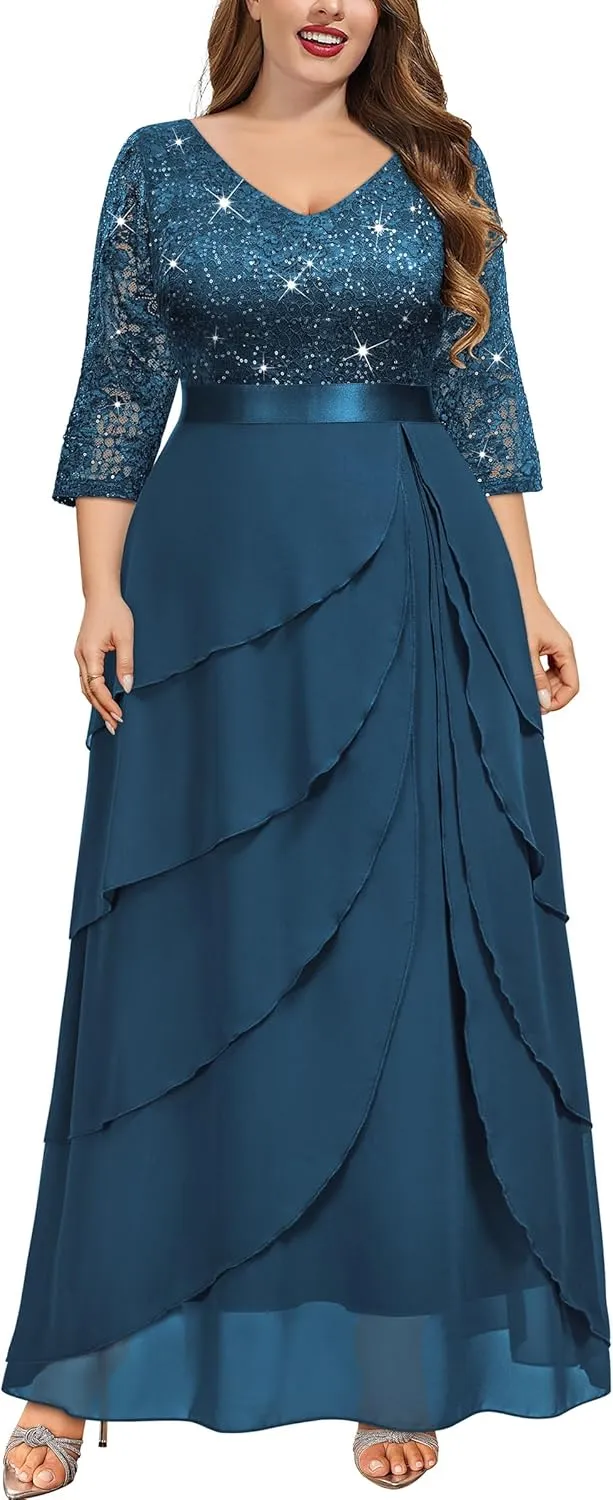 MISSMAY Women's Plus Size Sequins Lace Ruffle Tiered Layered Chiffon Formal Maxi Dress
