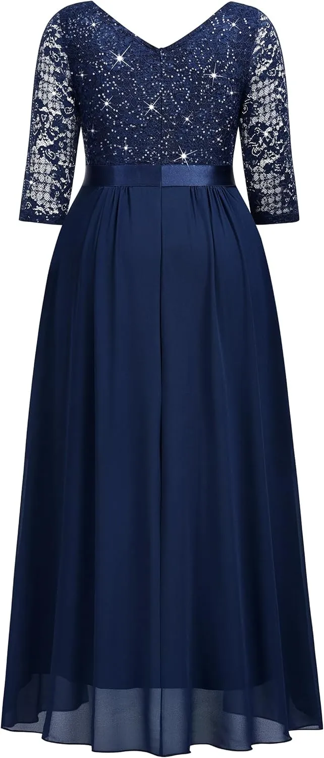 MISSMAY Women's Plus Size Sequins Lace Ruffle Tiered Layered Chiffon Formal Maxi Dress